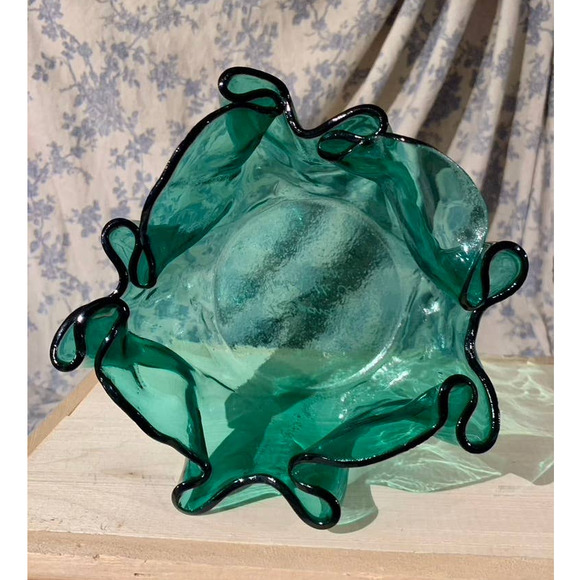 Pellegano Teal Aqua Art Glass Handkerchief Bowl 4.5" tall - Picture 3 of 10